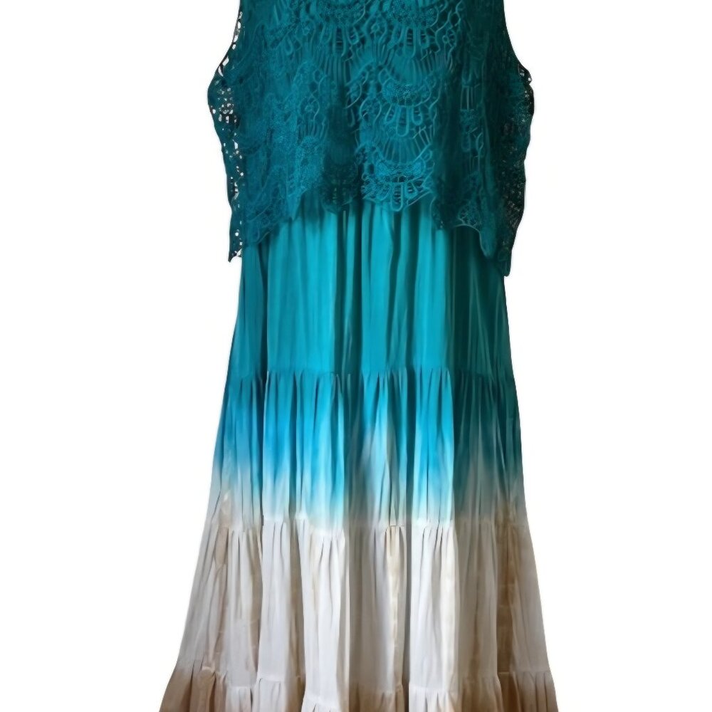 Reba Maxi Dress Womens Size XL Flowy Bohemian Boho Blue Tan Off White Ombre NWOT